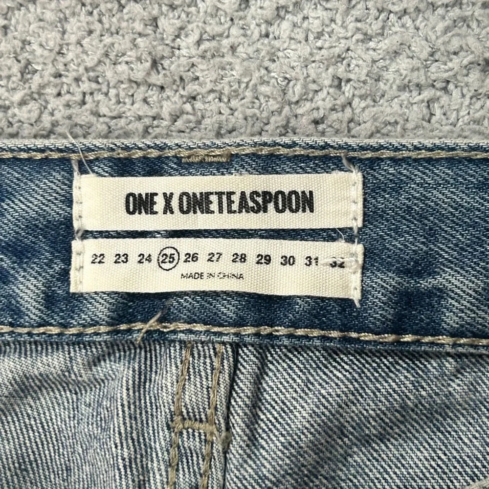 One x OneTeaspoon Denim Shorts Saints 25 Blue Distressed Two-Tone Raw Hem Grunge